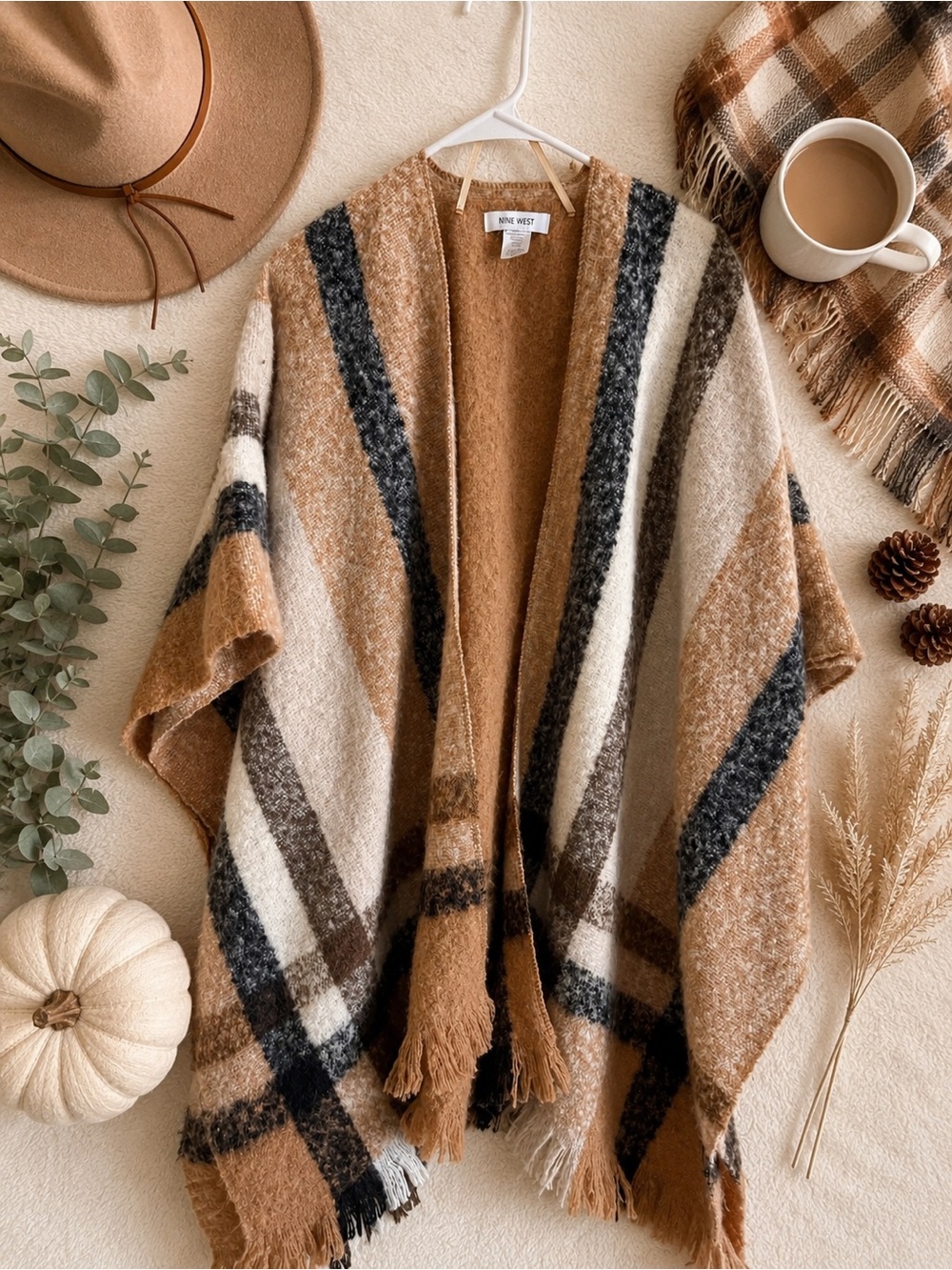 Nine West Plaid Fringe Ruana Poncho Wrap Shawl Camel Cream One Size